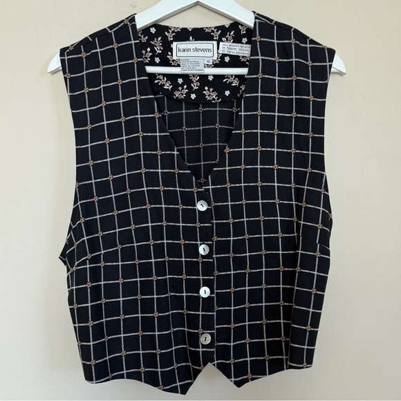 Vintage Karin Steven’s Vest Black Checkered Floral Women’s Size 16 - Picture 2 of 6
